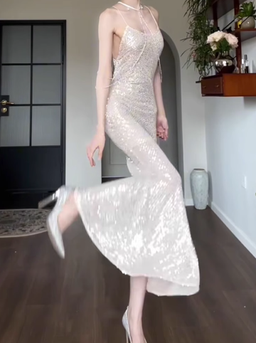 Shiny Mermaid Spaghetti Strap Sequin Prom Dress Evening Dress Party Dress HZ1023
